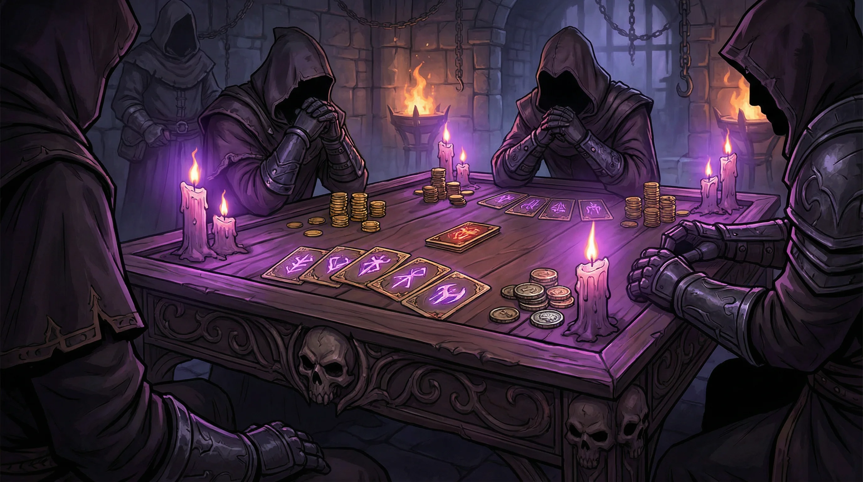 Mesa de Bacará com jogadores encapuzados e cartas místicas